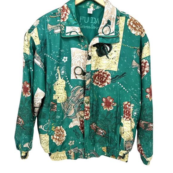 Vintage FUDA Jacket Womens Medium Silk Bomber Full Zip Musical Floral Print - Picture 1 of 9